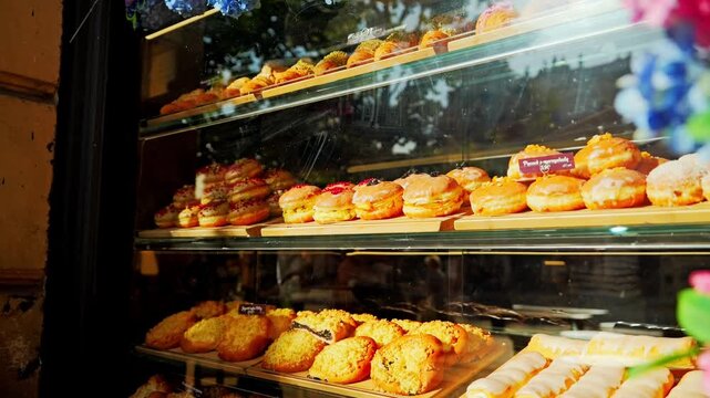 Close view of bakery shelves showcasing pastries donuts and sweet desserts