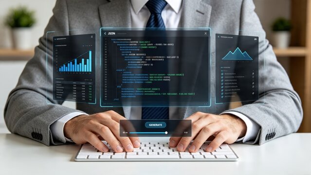 Businessman coding JSON data analysis on futuristic holographic interface, digital transformation concept, software development, programming code, financial charts and graphs