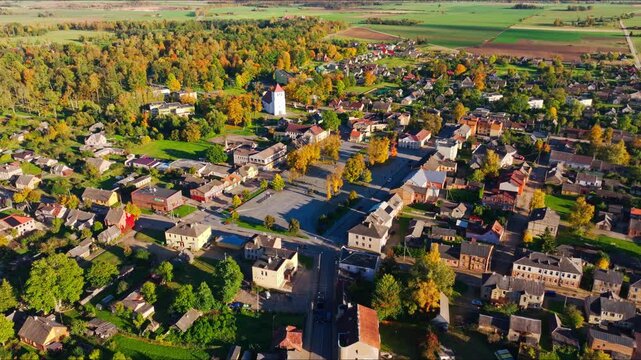 Colorful town center, historic buildings define the heart of Zagare, Lithuania
