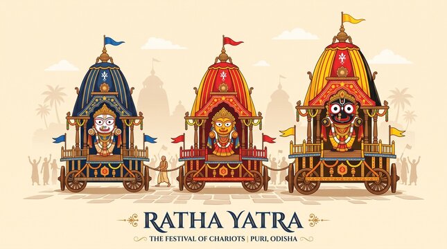 Jagannath rath yatra illustration with three chariots carrying sacred deities in traditional style for indian festival greeting design cultural celebration and spiritual promotion use