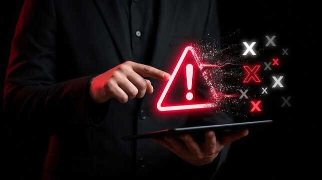 Businessman touching glowing red warning exclamation mark on digital tablet for risk management