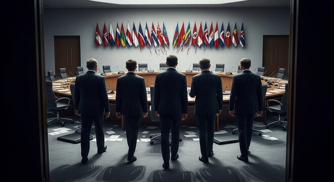Serious business leaders in a high-stakes meeting with American flags in the background