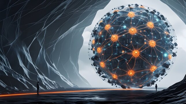Human silhouette facing a giant glowing neural network sphere in a dark cavern, representing AGI and big data discovery