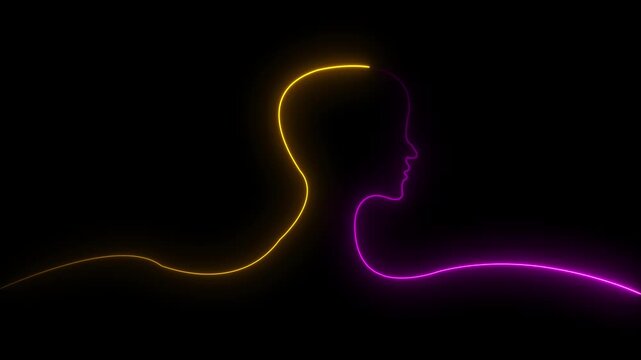 Glowing neon line Human head icon on black background. Neon glowing  man head icon. Glowing neon couple in love animation. on black background.