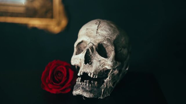 A human skull rests beside a red rose against a dark background with dramatic lighting