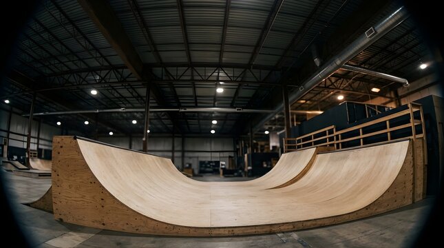 Wooden halfpipe ramp in a dark indoor skatepark for extreme sports