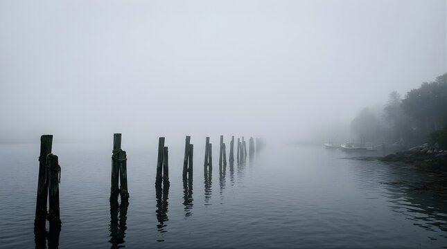 Wooden pilings in calm water during a misty morning at the harbor