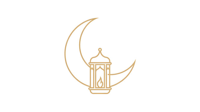 Golden lantern with a flame inside sits in front of a crescent moon on a white background symbolizing Ramadan or Islamic celebrations with elegant and simple design elements.