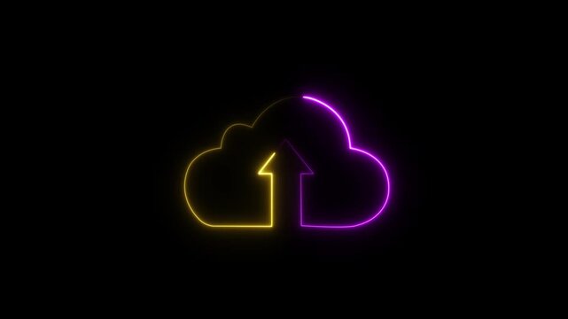 Glowing neon line Cloud upload icon isolated on black background. .4k video motion graphic animation. 