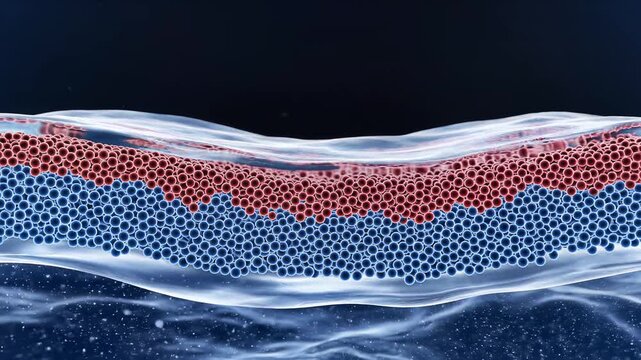 Microscopic view of human skin layers with red and blue cells