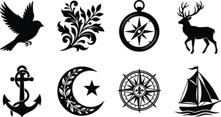 Black silhouette icon set featuring flying bird floral ornament compass deer nautical anchor crescent moon and sailing boat © Rahen