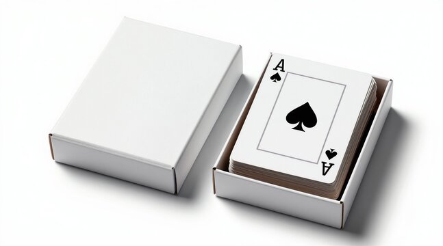 White blank card box beside deck of playing cards. Ace of spades visible on top card. Empty container ready for custom design or product placement. Simple packaging for games or gifts.