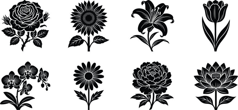 Garden flowers black silhouette icon set featuring rose sunflower lily orchid daisy peony tulip and lotus vectors