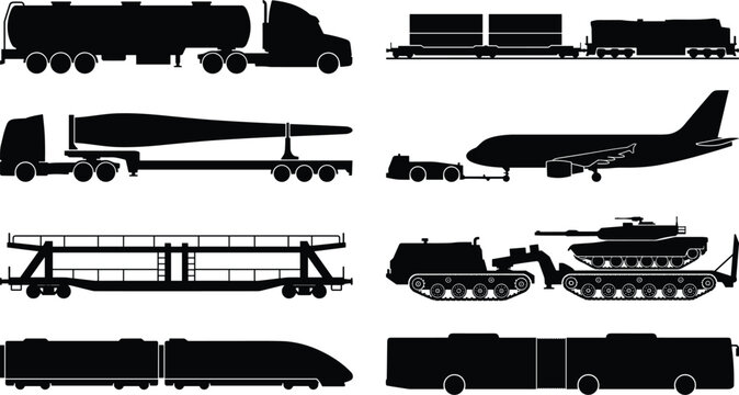 Heavy logistics and industrial transportation icons vector set featuring cargo trucks trains airplane and special vehicle silhouettes
