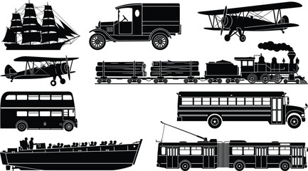 Vintage and public transportation vehicles silhouette collection featuring retro airplanes steam train classic truck and buses vector © Rahen