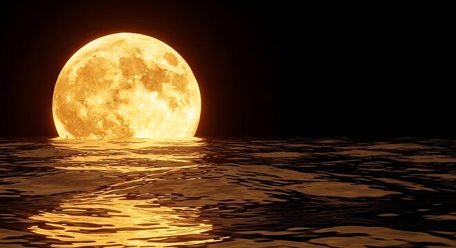 Full moon rising over golden ocean waves