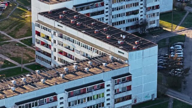 Soviet-era apartment building in an urban residential district in aerial view