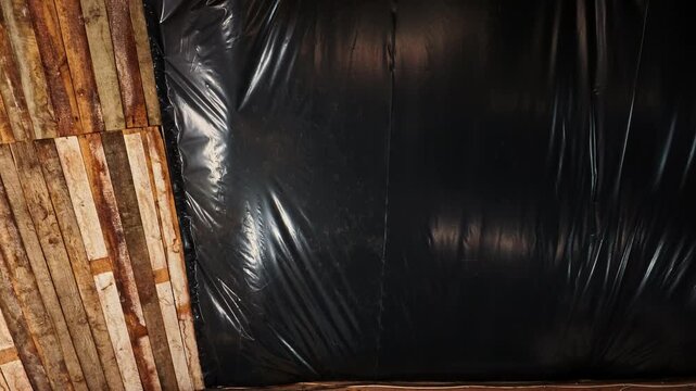 Renovation project showing wooden beams and black waterproofing membrane under a rustic roof