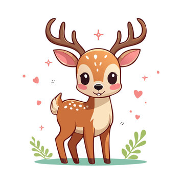 Cute cartoon deer with antlers isolated vector illustration