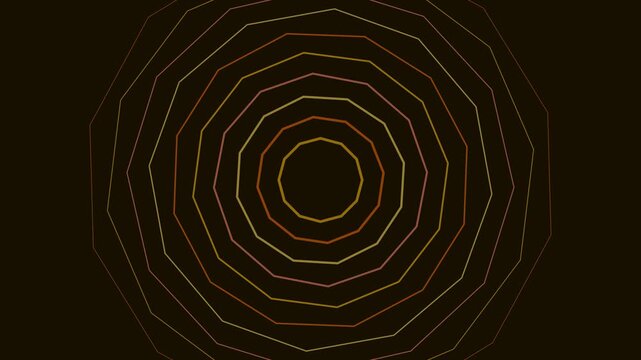 Abstract geometric tunnel animation with pulsing neon octagon rings in warm tones motion background