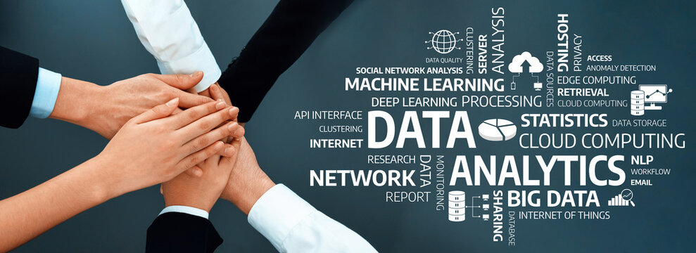 A powerful visual representation of teamwork in data analytics, illustrating collaboration in data science, machine learning, and cloud computing. Perfect for business or tech themes. Amity