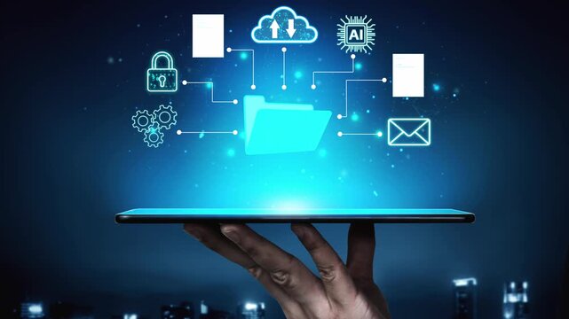 Hand Holding Tablet with Digital Folder and Cloud Icons Representing Data Management, Security, and Communication in Modern Technology Landscape. Entropy.