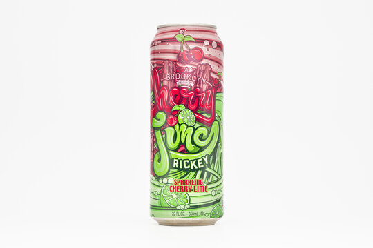 DRESDEN, GERMANY - 25. May 2025: AriZona Cherry Lime Rickey can on white background. Sparkling juicy flavor beverage in the 650 ml version. Very vibrant and artistic designed can in red and green.