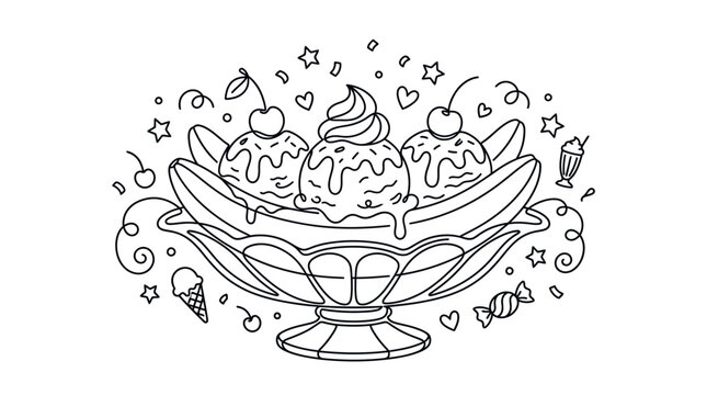 Doodle Banana Split Ice Cream Sundae with Cherries and Confetti - Black and White Line Art