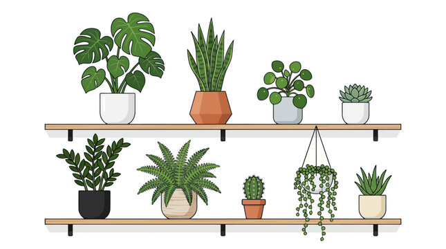 Variety of Potted Houseplants on Shelves.
