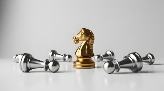 Golden knight chess piece standing victorious among fallen silver pawns on white surface