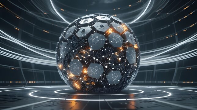 Armored digital sphere with glowing network lines representing unbreakable cybersecurity and data protection