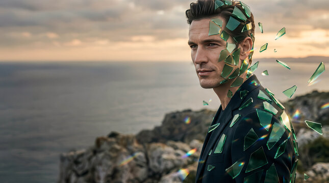 Man stands by ocean, face half shattered. Broken glass fragments float around his shoulders. Sunset colors paint distant horizon. Rocky cliffside frames the dramatic scene