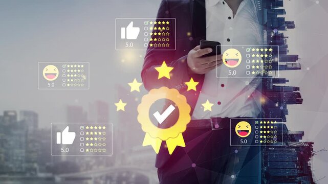Businessman Holding Smartphone with Digital Ratings and Feedback Icons on City Background in Concept of Customer Satisfaction and Quality Measurement. Entropy.