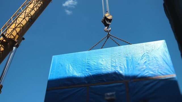 Mobile crane lifting oversized industrial cargo wrapped in protective covering using chain slings. Heavy lifting, rigging and industrial logistics operation.