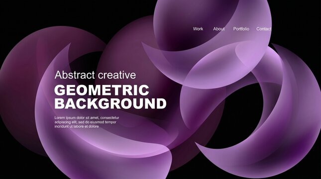 Abstract website design features vibrant orange curves, dark background. Text promotes geometric visuals, includes navigation options.