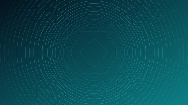 Abstract teal geometric motion background, with pulsing concentric, circles and rotating, squares