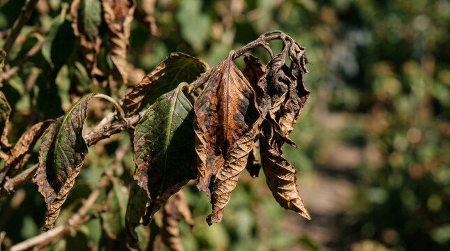 Withered and brown damaged leaves on a garden plant.