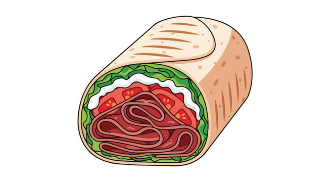 Tasty Mediterranean Beef Shawarma Wrap with Fresh Lettuce Sliced Tomato and Garlic Sauce Food Illustration