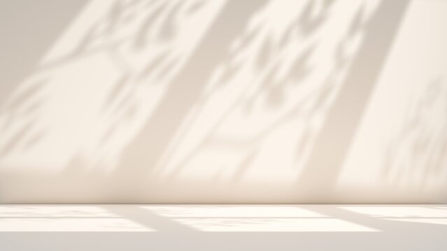 Modern beige wall studio background with soft grey shadows and elegant light, for product mockups and presentation