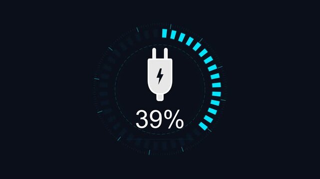 Digital battery charging interface showing 39 percent power level with plug icon on dark background dashboard style