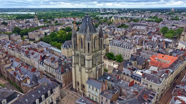 Saint-Aubin tower in Angers, France. Aerial drone, cityscape