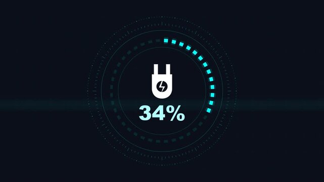 Digital Battery Charging Progress Loading Animation with Power Plug Icon and Percentage Indicator on Dark Background