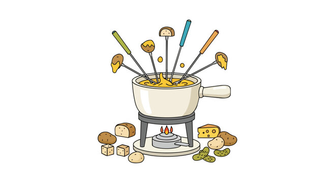 Delicious Gourmet Cheese Fondue Set with Dipping Forks Bread Cubes and Potatoes for a Traditional Swiss Party Meal