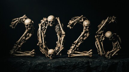 Fototapeta premium Halloween 2026 made of skeleton bodies and bones on dark stone ledge.