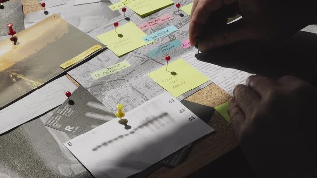 Over-the-shoulder shot of an investigator organizing clues on a suspect board under low light. Evokes a classic retro noir crime room mood for mystery and true crime series.