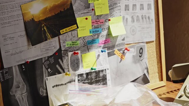 A smooth camera movement reveals a complex network of sticky notes, strings, and marked evidence on a case board. Perfect for true crime documentaries and investigative thrillers.