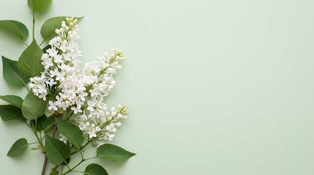 White lilac branch on light green background with copy space
