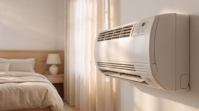Modern air conditioning unit mounted on white wall inside bedroom with comfortable bed and soft morning sunlight streaming through window drapes creating cozy home interior atmosphere.