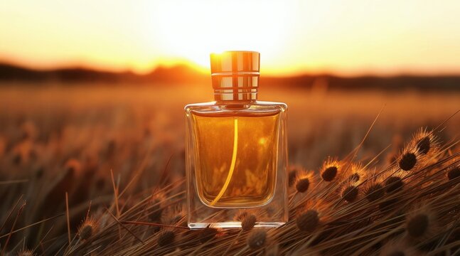 Glass perfume bottle in field at sunset. Warm golden light shines on fragrance liquid. Natural scene with dry grass and soft focus background. Luxury beauty product advertisement.