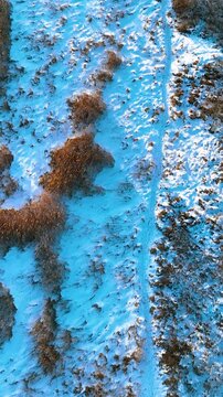 Cinematic vertical drone shot looking down at a snowy landscape with dry grass and a hiking trail during golden hour. Perfect for social media and travel content.